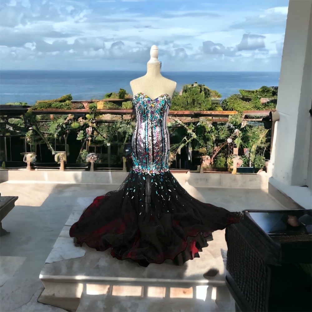 VINTAGE KISS KISS SEQUIN AND TULLE MERMAID EVENING GOWN SZ 2 strapless 1990s